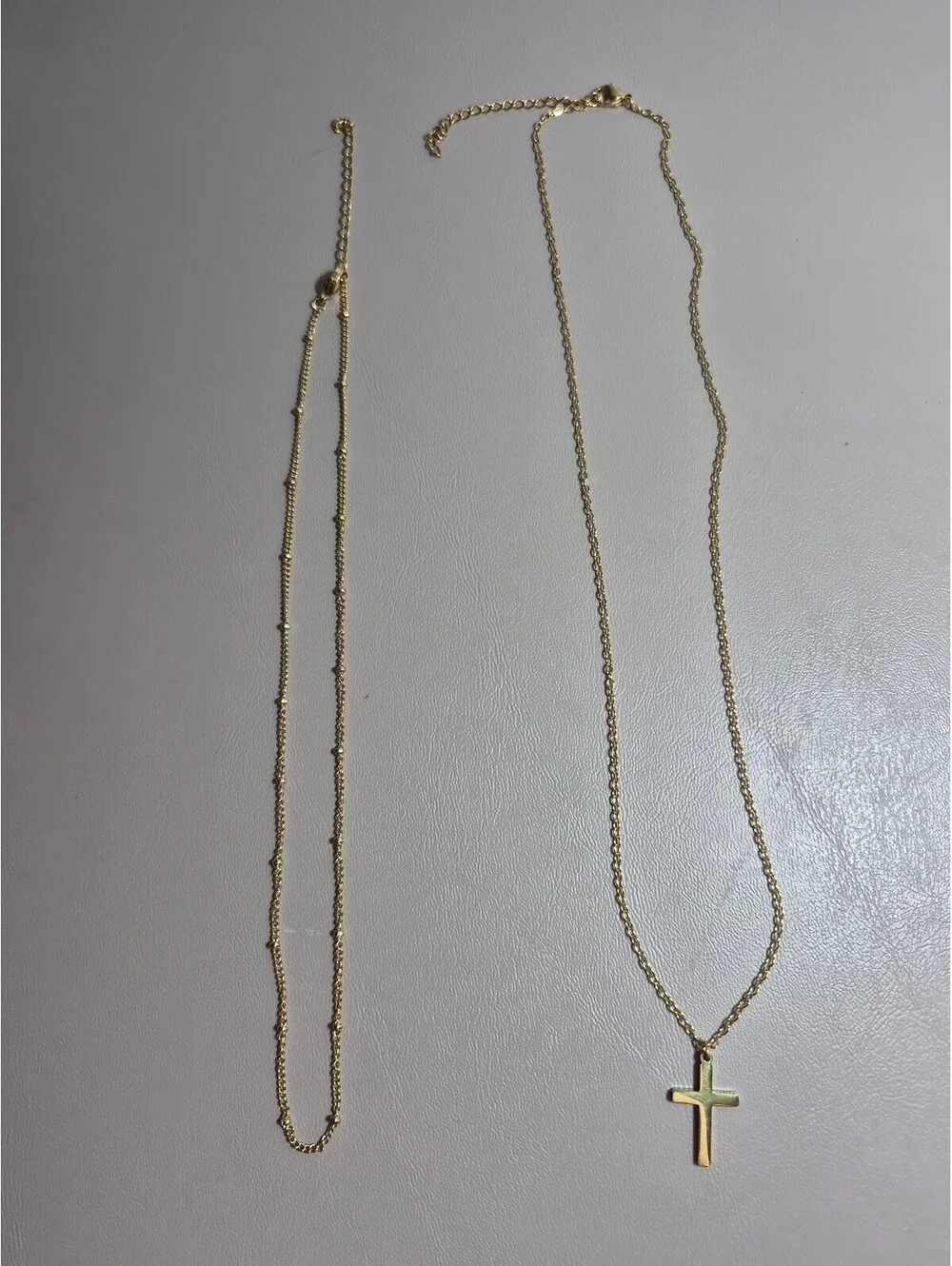 Gold-Tone Layered Cross Pendant Beaded Chain Necklace Set of 2